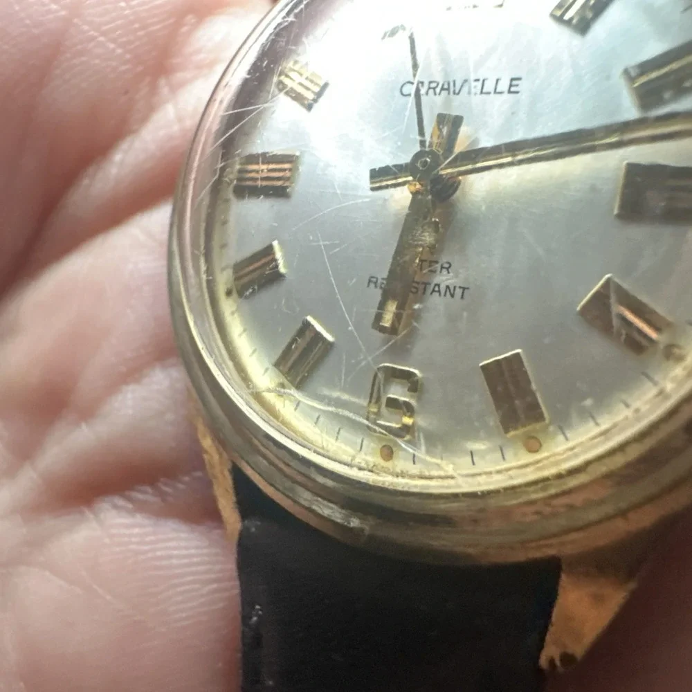 Works VTG 1970s Caravelle N1 Gold‎ Tone Mens Manual Wind 32mm Fit 7in Black Runs
